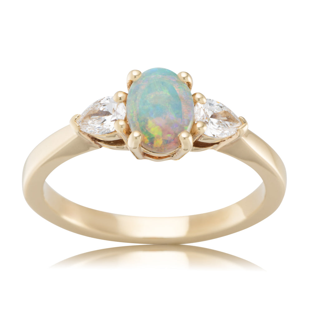 9k White Gold Oval Opal Ring with Diamond Shoulders