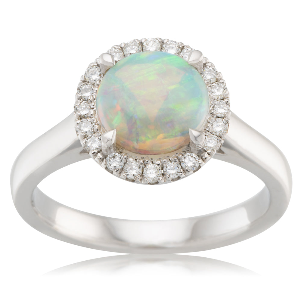 9k Yellow Gold Round Opal Ring with Diamond Halo