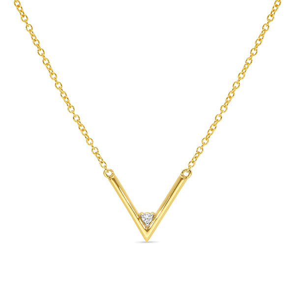 V' pendant featuring a single claw set diamond.
