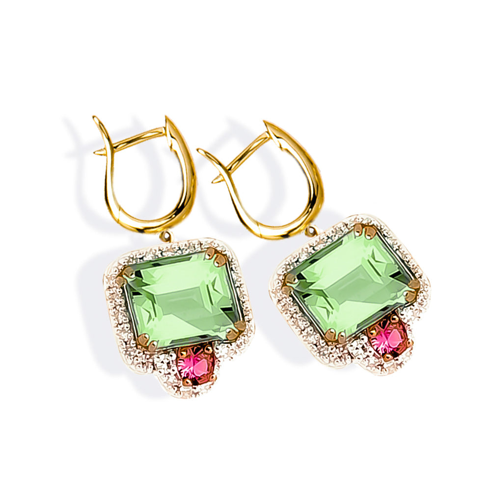 9ct YG Emerald Cut Mint Quartz 9x7mm, Pink Saphhire =.26pts & Diamond =.35pts GHSI Earring