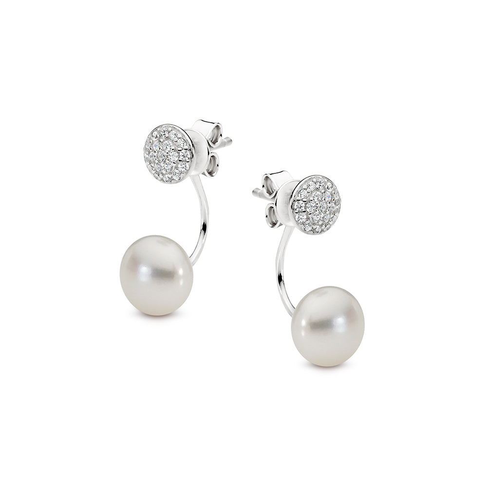Sterling Silver CZ White Button 8-8.5mm Freshwater Pearl Stud Earrings