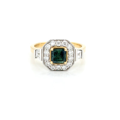 Radiant Cut 0.71ct Natural Teal Sapphire and Diamond Ring
