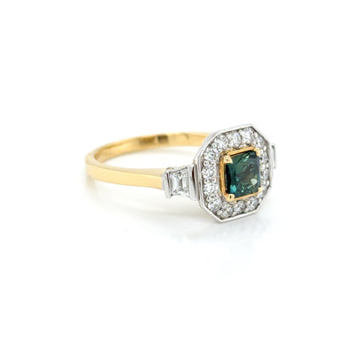 Radiant Cut 0.71ct Natural Teal Sapphire and Diamond Ring