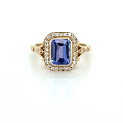 Emerald Cut 1.36ct Natural Tanzanite and Diamond Set Ring