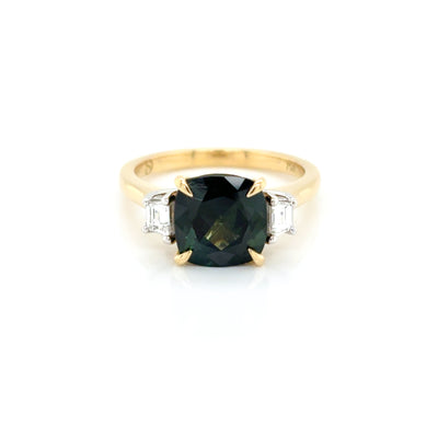 Cushion Cut 2.88ct Natural Blue Teal Sapphire and Diamond Ring