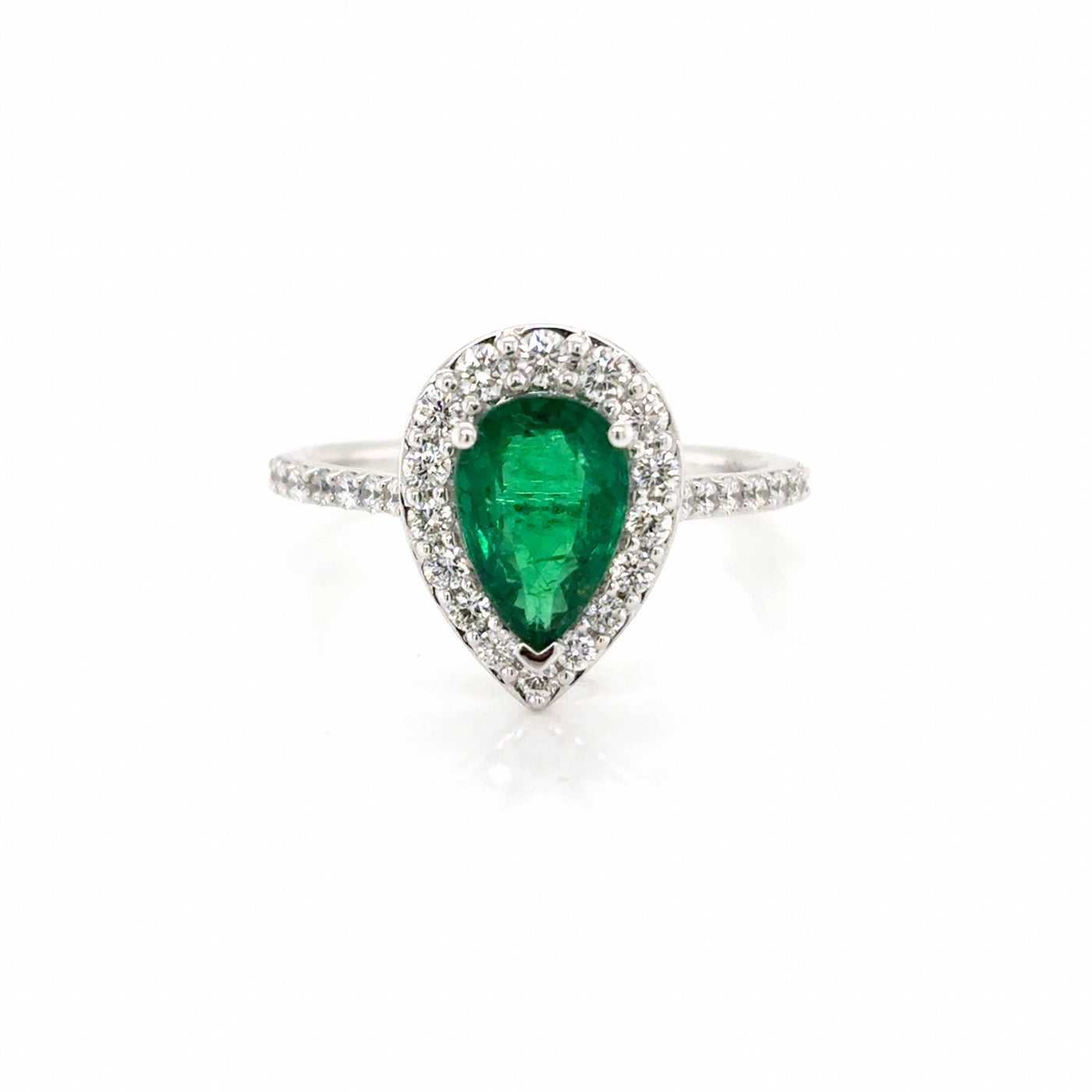 Pear Cut 1.40ct Natural Emerald and Diamond Halo Claw Set Ring
