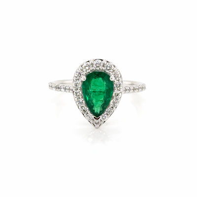 Pear Cut 1.40ct Natural Emerald and Diamond Halo Claw Set Ring