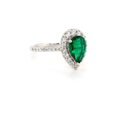 Pear Cut 1.40ct Natural Emerald and Diamond Halo Claw Set Ring